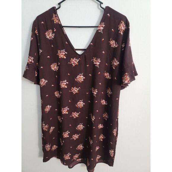 Maurices Dress Long Shirt Women's Maroon Floral V-Neck Short Sleeve Boho Size L - Picture 3 of 3